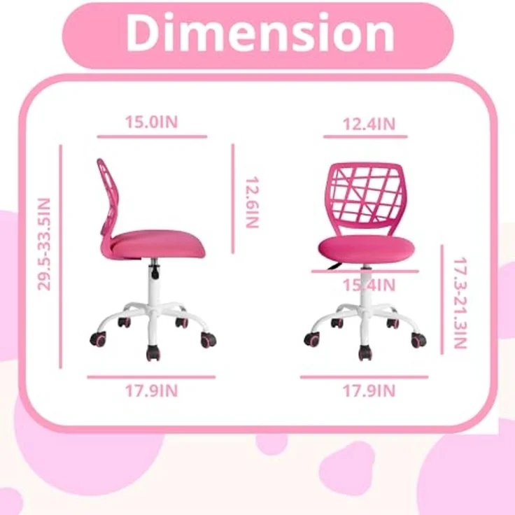 FurnitureR Teens Mädchen Task Chair 360 Swivel Low Mid PP Mesh Back Fabric Sitz Höhenverstellbare Rollrolle, PINK I – Bild 3