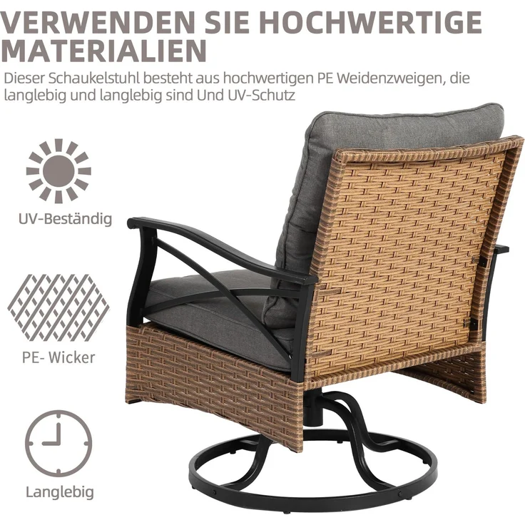 LVHOM Gartenmöbel-Set 3-tlg, Balkonset inkl. 2 drehbare Sessel und Tisch, Polyrattan, wetterfest, Gartenlounge-Set, Grau – Bild 5