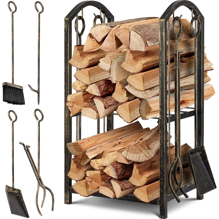 KESSER® Kaminholzregal 5-teiliges Set Kaminholzständer Feuerholzablage Brennholzregal Innen und Aussen Metall 2 Ebenen 4 Kaminwerkzeug für Kamin & Ofen, Stahl 40 x 30 x 74,5 cm Verstellbar Gold/Schwarz – Bild 1
