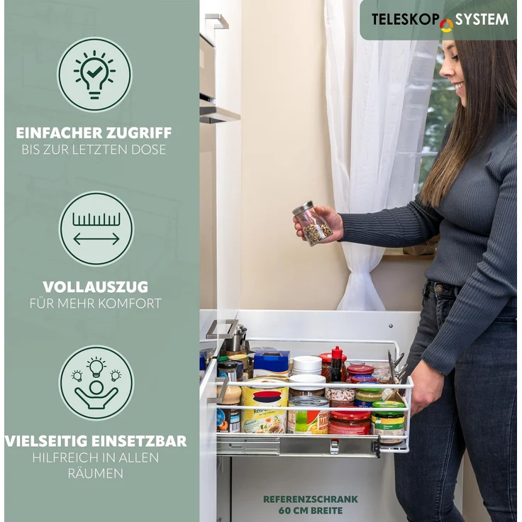Teleskopschublade für 50 cm Schrank mit Einlegeboden, aus Metall, weiß – Bild 3