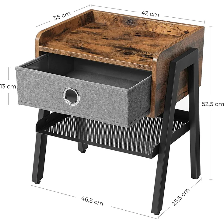 Nachttisch, Beistelltisch, Couchtisch, Regal mit herausnehmbarer Stoffschublade, Gitterablage, Metallrahmen, für Wohnzim – Bild 3