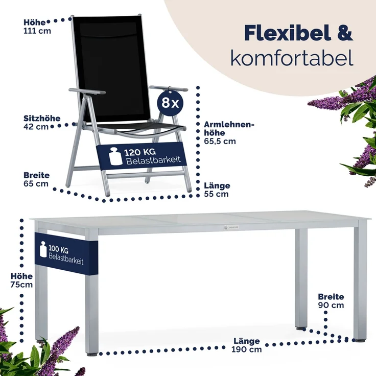 CASARIA® Aluminium Sitzgruppe Bern 8+1 Verstellbare Hochlehner Silber – Bild 7