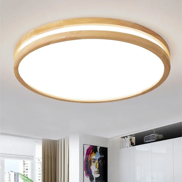 style home Deckenleuchte LED Deckenlampe dimmbar mit Fernbedienung, 96W-Ø50cm, LED fest integriert, Warmweiß bis Kaltweiß 3000K-6000K, Ø50x6 cm, rund Leuchte für Wohnzimmer Schlafzimmer Küche Büro, Holz