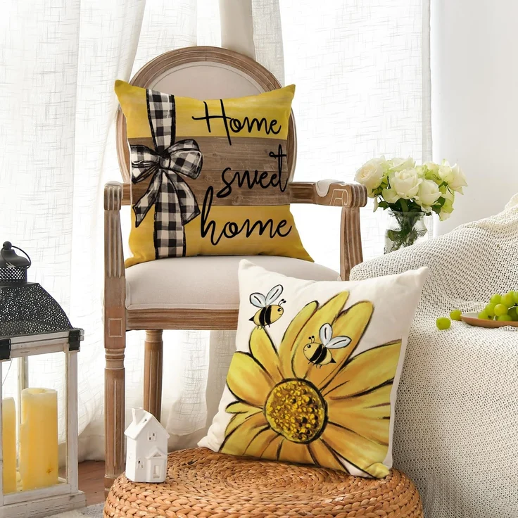 Kissenbezüge 45×45 cm 4er-Set Bee & Sonnenblume, Home Sweet Home, Frühling/Sommer Sofa-Deko – Bild 3