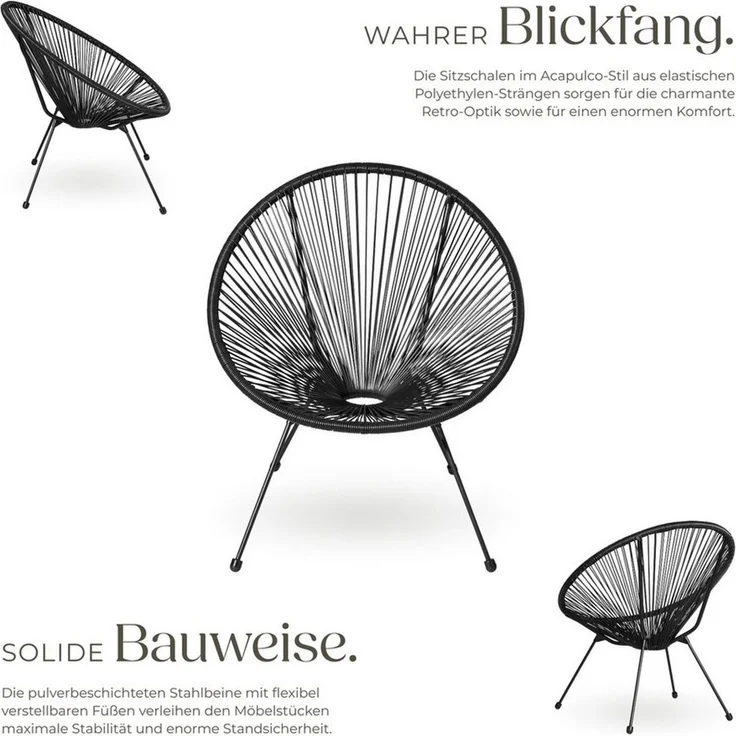 tectake® Set 2X Stuhl 1x Beistelltisch Acapulco, Gartenstuhl, Gartenstühle im Retro Design, Indoor und Outdoor Sessel für Garten, Wintergarten, als Terrassenstühle oder Balkon Sessel - schwarz – Bild 2