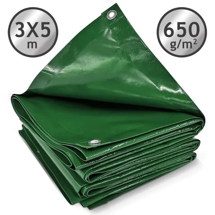 Jago® Abdeckplane mit 16 Ösen, wasserdicht und reißfest, PVC, Grün, 3x5 m, 650 g/m²