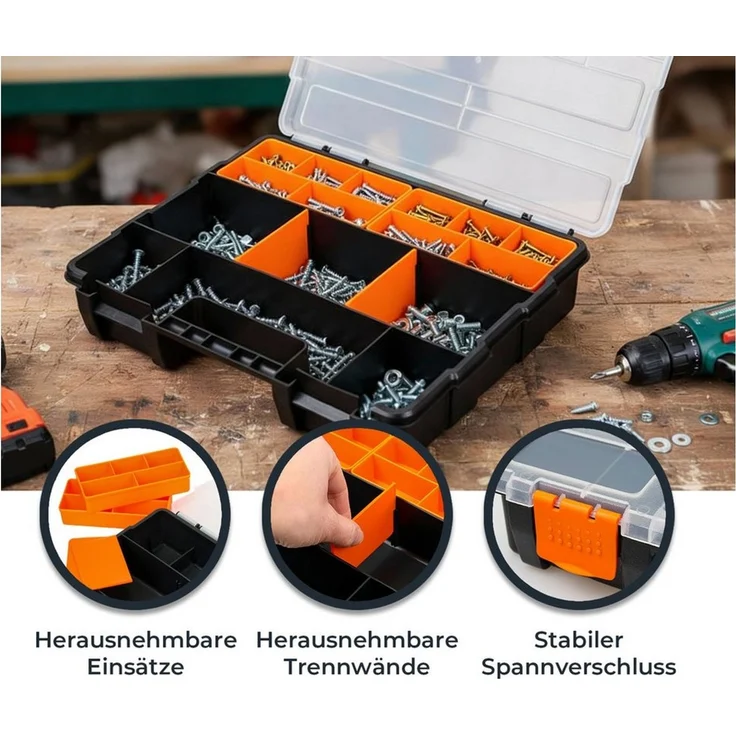 HMF Sortimentskasten Sortierbox leer, Sortimentskasten für Werkzeug und Kleinteile (Set, 4 Boxen), 49 Fächer, transparenter Deckel, Schwarz-Orange – Bild 2