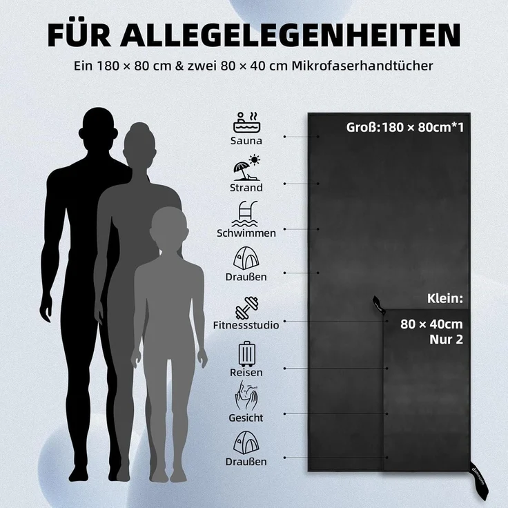 3er-Set Mikrofaser Handtuch Groß & 2 Stück Klein Schwarz – Bild 3