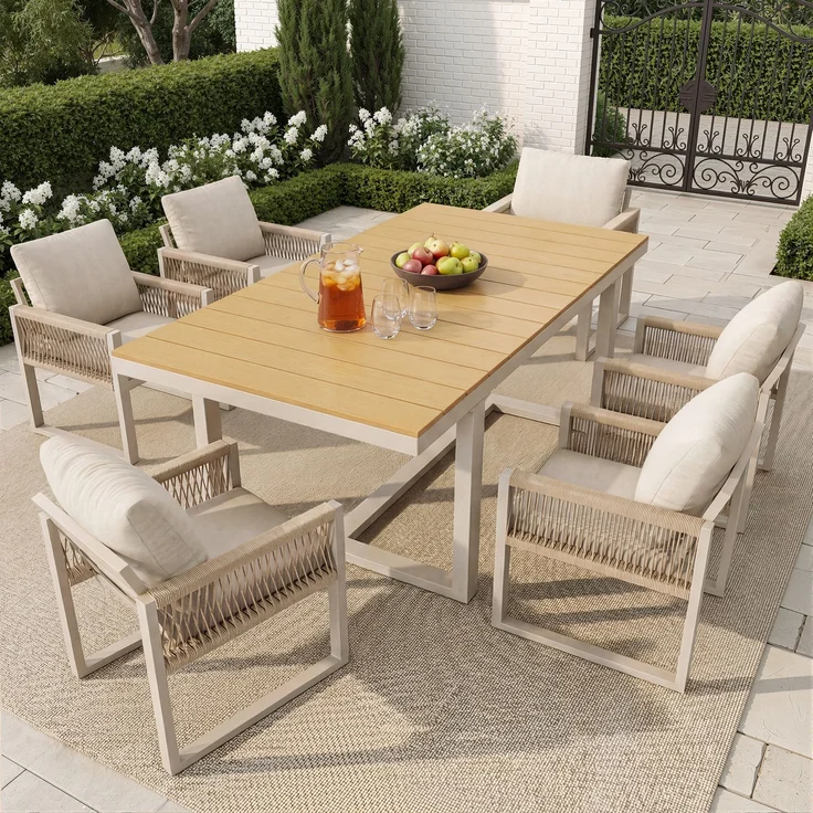 Merax 7-tlg. Garten-Essgruppe, Outdoor-Esstisch-Set, mit 1 Tisch + 6 Stühle, mit Seilgeflecht & Kissen Wetterfest, Beige – Bild 5