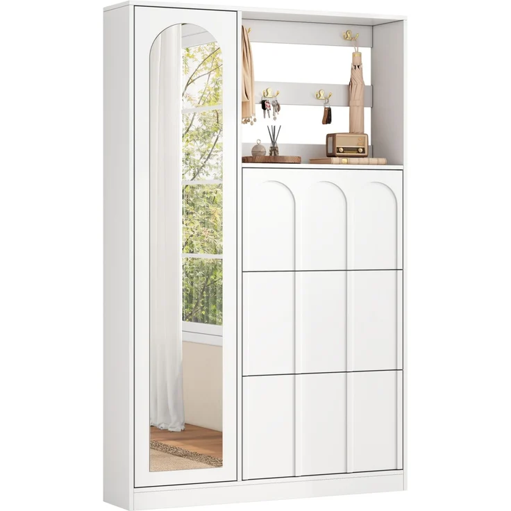 Garderobenschrank aus MDF mit Spiegel und 3 Schuhklappen, 100x24x164 cm, Weiß – Bild 6