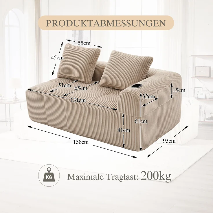 2-Sitzer Sofa, Cord mit Seitenfächern & Becherhaltern, 158x93x61 cm, Khaki – Bild 5