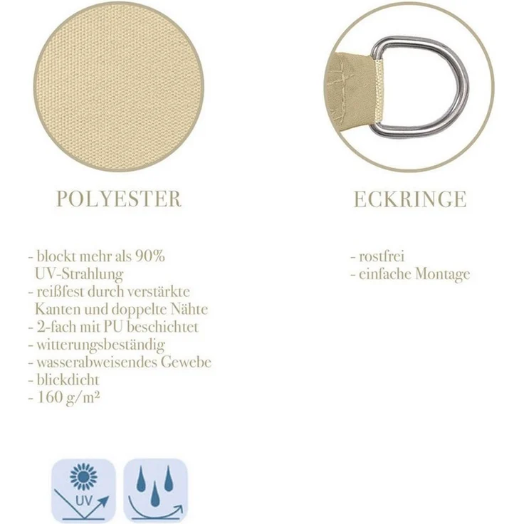 anndora Sonnensegel 3 x 3 x 4,25 m dreieckig 100% Polyester beige, wasserdichter Stoff – Bild 4