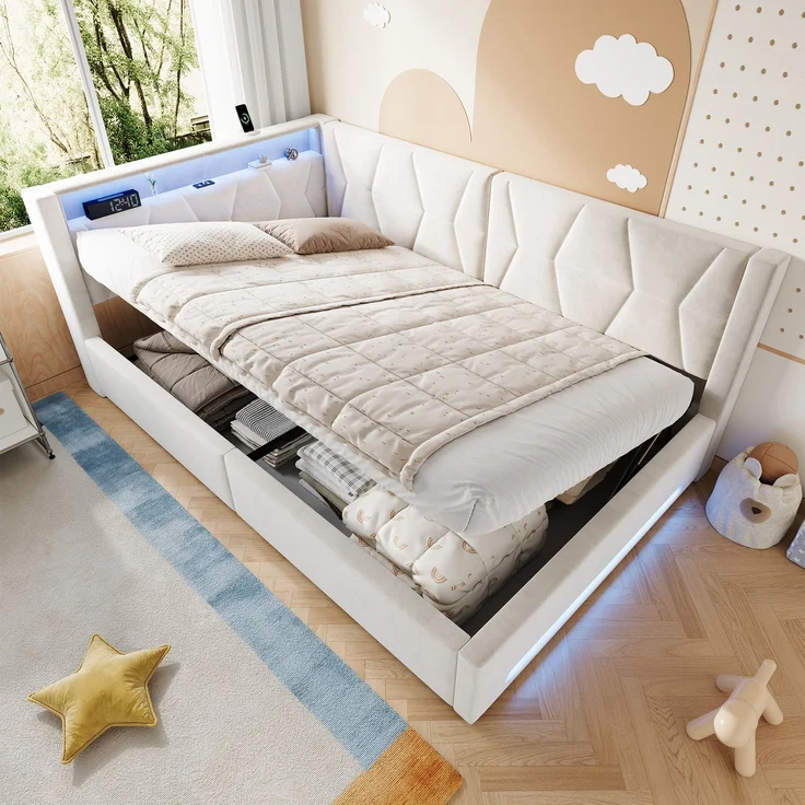 LVHOM Einzelbett 140x200 cm mit Stauraum, Polsterbett mit LED, USB und Type-C, Jugendbett, Hydraulischem Bettgestell, Samt, Beige – Bild 1