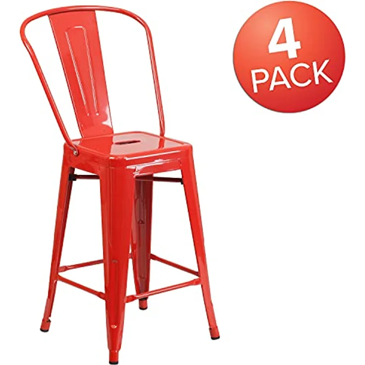 Flash Furniture Lily Hocker in handelsüblicher Qualität, 61 cm hoch, Metall, für drinnen und draußen, mit Abnehmbarer Rückenlehne, Rot, 4 Stück – Bild 5