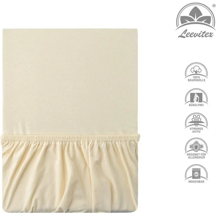 leevitex® Spannbettlaken, Premium 170g/m², Gummizug: rundum, schwer und dick, 100% Jersey-Baumwolle, Creme / Naturweiß, 90 x 200 - 100 x 220 cm – Bild 2