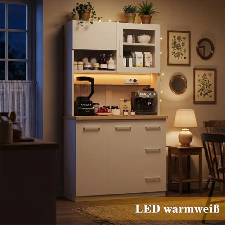 JUMMICO Buffetschrank, 100 x 40 x 182(H) cm, Küchenschrank mit 2 Steckdosen und LED Streifen 3000K, Küchenbuffet mit verstellbaren Einlegeboden und Arbeitsplatte 24 mm, Weiß – Bild 3