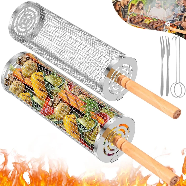 2er-Pack Grillkörbe mit Holzgriff, rund, Edelstahl, für Outdoor & Camping (45 cm) – Bild 1