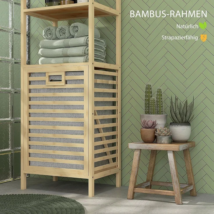 HOMCOM Badregal mit Wäschekorb, schlanker Bambus-Badezimmerschrank, Badezimmerregal 1-tlg, für Badezimmer, Naturholz – Bild 6