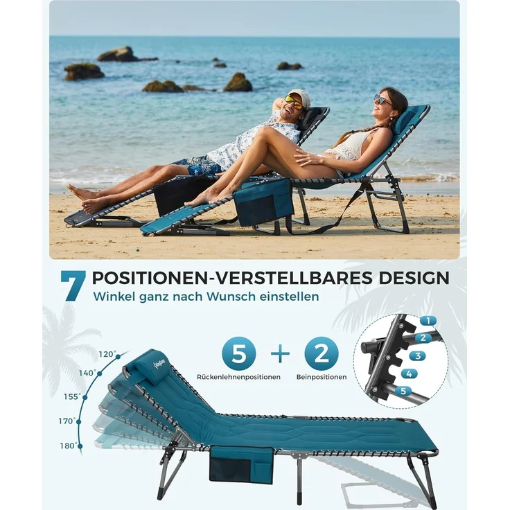 KingCamp Übergroße Sonnenliege Klappbar 5-Fach Verstellbar Gartenliege Liegestuhl Dreibeinliege Liege Campingliege mit Kopfkissen und Seitentasche bis 150 kg für Garten Urlaub Strand Pool 200x68 cm – Bild 4