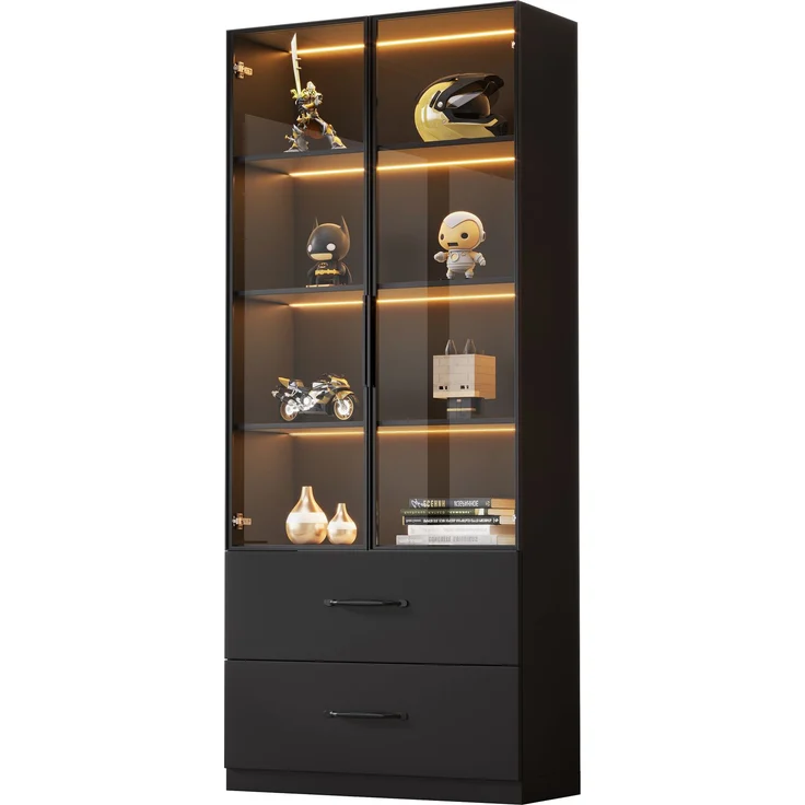 ZUBALIYA LED-Vitrine 60×40×160 cm - Glasvitrine, Bücherregal und Multifunktionsschrank mit Beleuchtung und Schubladen, mit Aluminiumrahmen, Hartglastüren und sanft schließenden Scharnieren, mehrfarbige LED – Bild 4