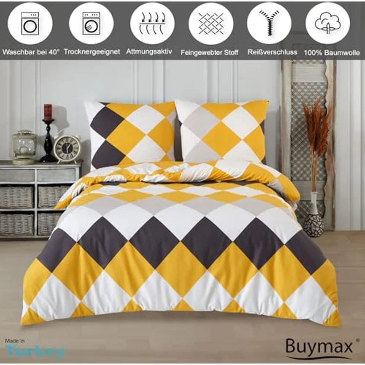 Buymax Bettwäsche Anaga, Bettgarnitur, Bettbezug Set, Renforce: 100% Baumwolle, 2 teilig, mit Reißverschluss, modern gemustert, Karo, Gelb, 135x200 cm – Bild 3
