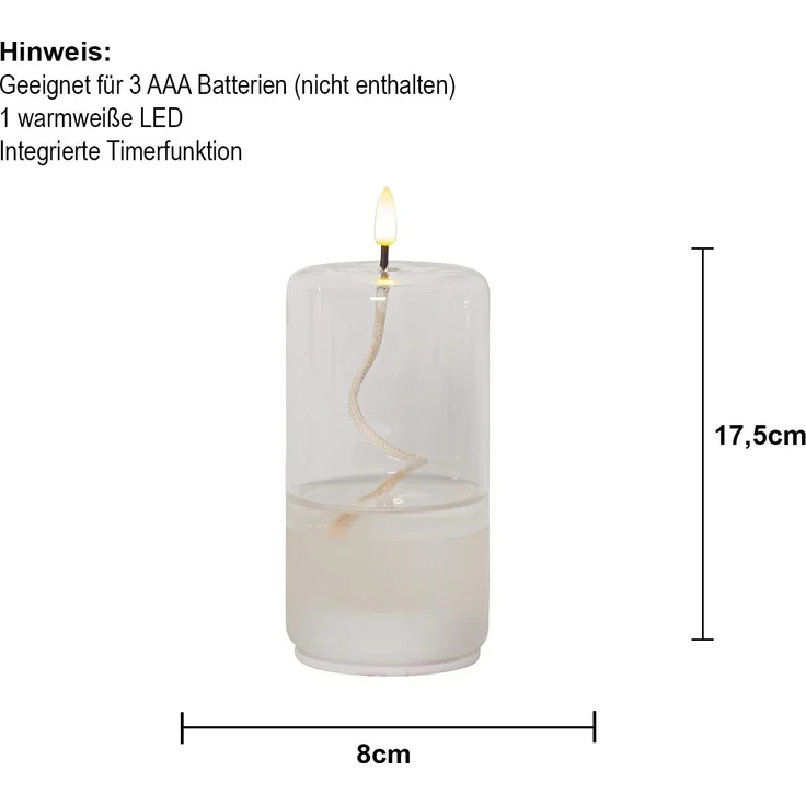 LED Kerze ,Flamme Float' im Glas, Ölkerzen-Optik, Gelkerze mit Docht, transparent, Flacker-Effekt, H 17cm, Ø 8cm – Bild 4