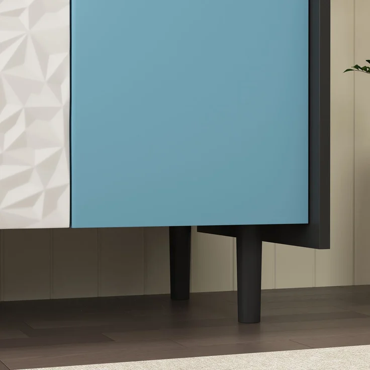 Schwarzes Sideboard-Buffetschrank mit blauen Türen – 2 Schubladen und offener Stauraum für Küche und Wohnzimmer – Bild 10