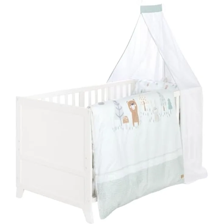 roba Komplettbettset Woodland Buddies - Babybett 70 x 140 cm aus Holz inkl. Matratze, Bettwäsche, Himmel & Himmelstange - Mitwachsendes Kinderbett ab 6 Monate - Weiß