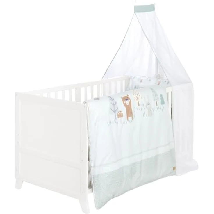roba Komplettbettset Woodland Buddies - Babybett 70 x 140 cm aus Holz inkl. Matratze, Bettwäsche, Himmel & Himmelstange - Mitwachsendes Kinderbett ab 6 Monate - Weiß – Bild 1