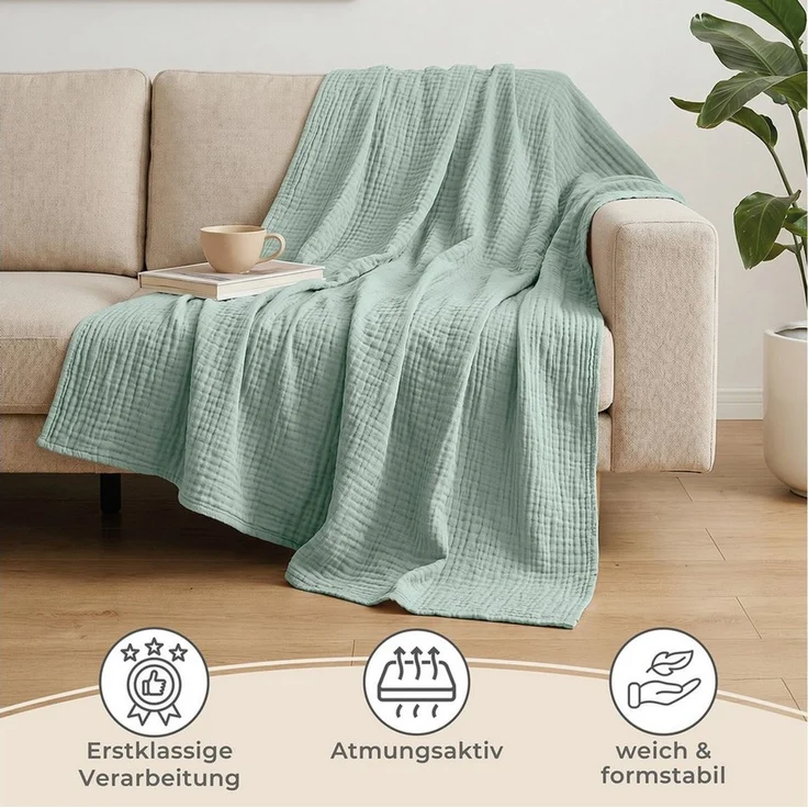 Laynenburg Tagesdecke Musselin aus 100% Baumwolle – Baumwolldecke, Kuscheldecke, Wohndecke als Sommerdecke, Bett-Überwurf, Couch-Überwurf, Sofa-Decke – Bild 4