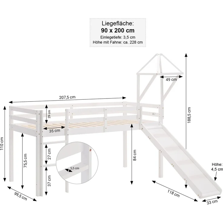 Hochbett Kinder 90x200 cm mit Rutsche Lattenrost Kinderbett Kinderhochbett Stockbett Vorhang Turm Grün – Bild 3