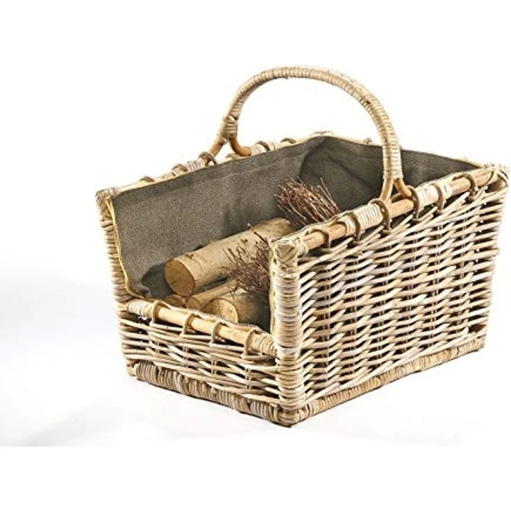 Kobolo Kaminholzkorb Holztrage Rattan grau abnehmb. Jutestoff dunkel – Bild 1