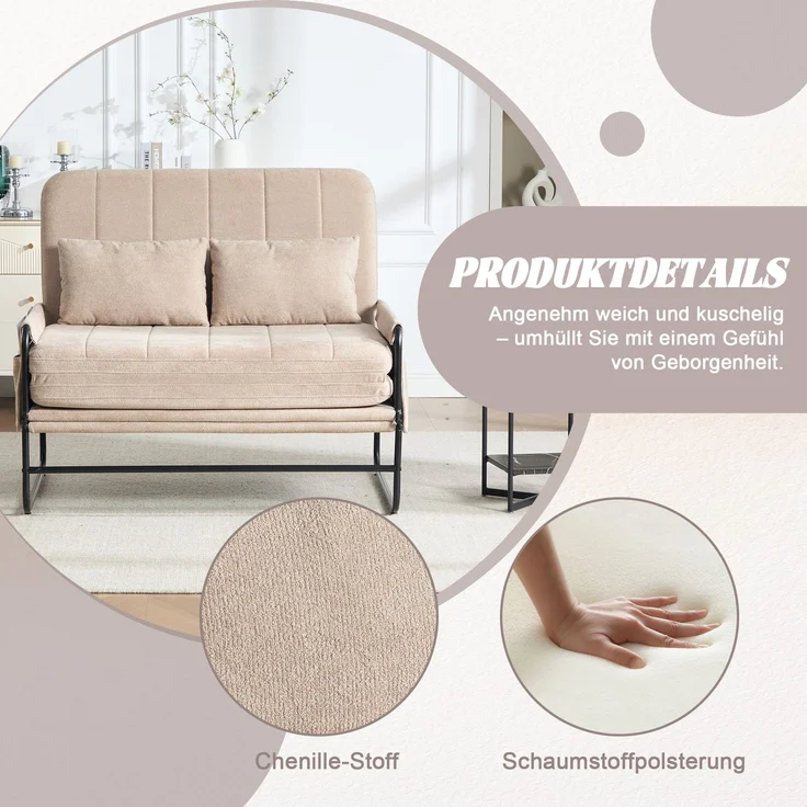 ZUBALIYA Schlafsofa 85x92 cm, mit Stauraum, mit Chenille - Bezug, mit breiten Armlehnen, mit Schaumstoffpolsterung, Schwarz – Bild 4