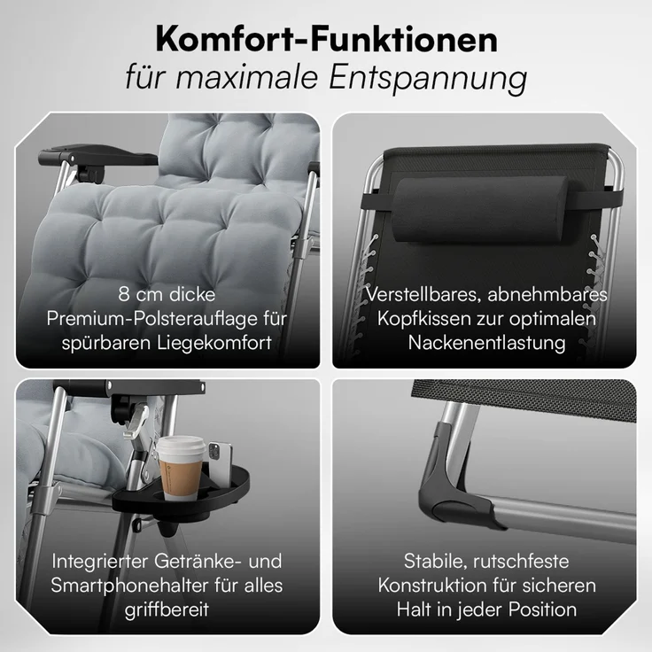 STEELSØN 'Lysira' Liegestuhl, klappbar & wetterfest, grau/silber, Sonnenliege mit extra dicker Polsterauflage, verstellbarer Gartenstuhl, bis 200 kg belastbar – Bild 4
