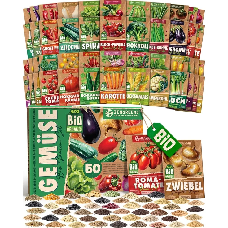 ZenGreens® - Bio Gemüsesamen im 50er Set - 50 Gemüse Samen für den einfachen Anbau im Garten, Balkon oder Hochbeet - Pflanzensamen - Saatgut – Bild 1