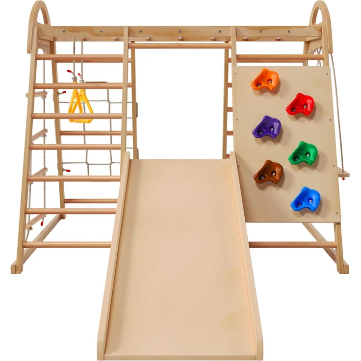 7-in-1-Multifunktions-Klettergerüst ,Massivholz, Sperrholz und Buchenholz. Schaukel, Kletterleiter, Kletterplattenrutsche, Ein Netz zum Klettern, Kletterstein aus Kunststoff. Ringe. Kann als Zelthaus. – Bild 2