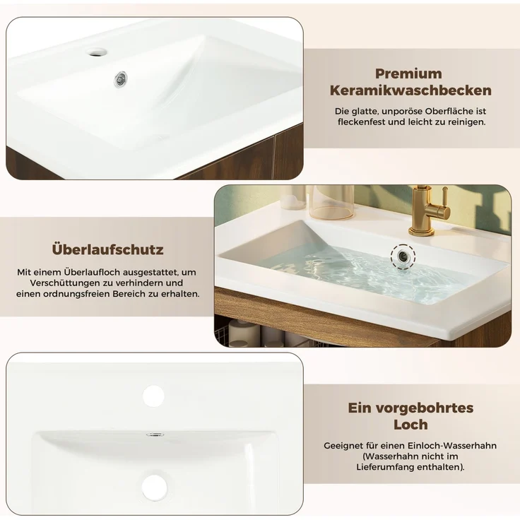 Waschbeckenunterschrank 61x47x89 cm mit Keramikwaschbecken, Rattantüren und Ablageböden – Bild 5