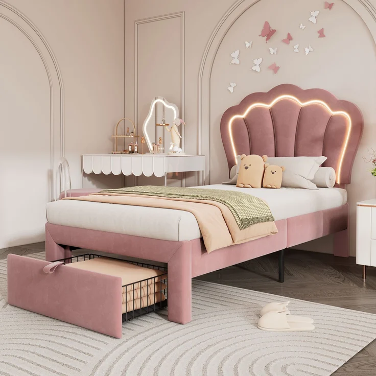 Kinderbett, Samt mit LED & Schublade, 90x190 cm, Rosa, ohne Matratze – Bild 2