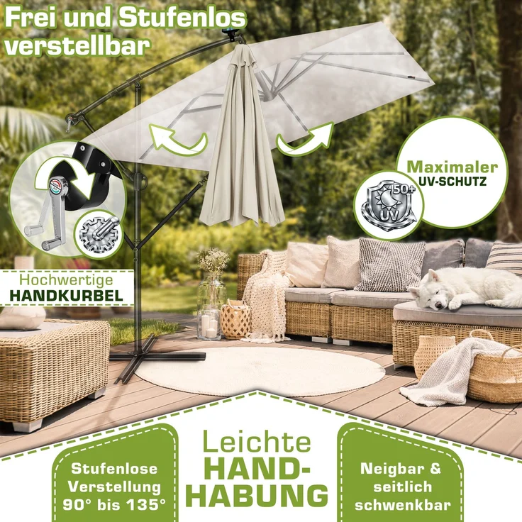 tillvex® Alu Sonnenschirm Rechteckig Ø 330 cm mit LED Solar Beige + Abdeckung mit Kurbel | Ampelschirm mit Ständer & Windschutz | Gartenschirm UV-Schutz, wasserdicht, 360° drehbar | Kurbelschirm Marktschirm – Bild 8