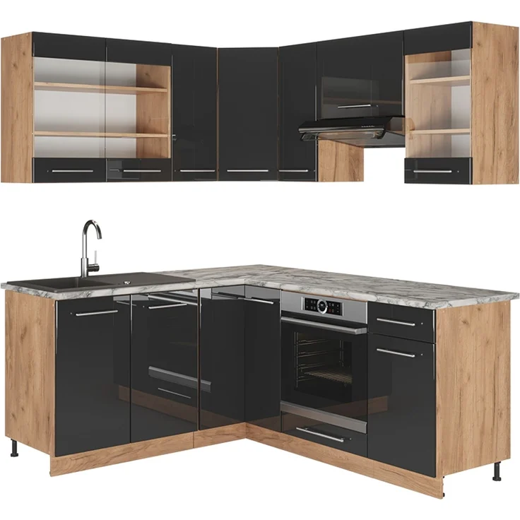 Eckküche Fame-Line Anthrazit Hochglanz/Goldkraft Eiche 190 x 160 cm ohne Arbeitsplatte Vicco – Bild 1