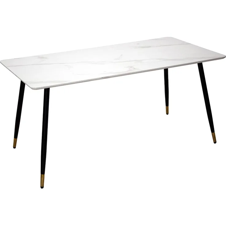 DRW Esstisch aus Holz mit Marmoreffekt und Metall, 160 x 80 x 76 cm, Marmor-Effekt, Weiß und Schwarz, 160x80x76cm