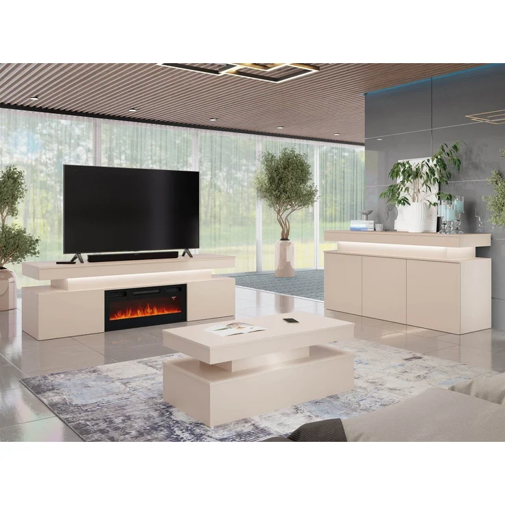 MIRJAN24 Wohnzimmer-Set Glossa Bis II, (3er-Set, Kommode, TV-Lowboard mit Kamin, Couchtisch), Weißer LED-Beleuchtung – Bild 5