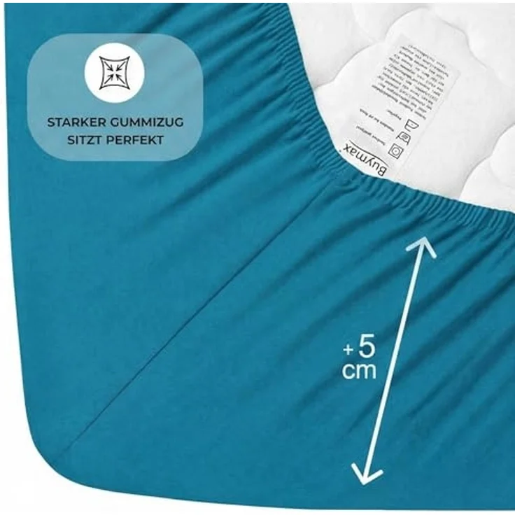 Buymax Topper Spannbettlaken 140x200 cm Spannbetttuch 100% Baumwolle Jersey für Matratzentopper bis 12 cm Matratzenhöhe Bettlaken für Boxspringbett Topper, Petrol – Bild 4