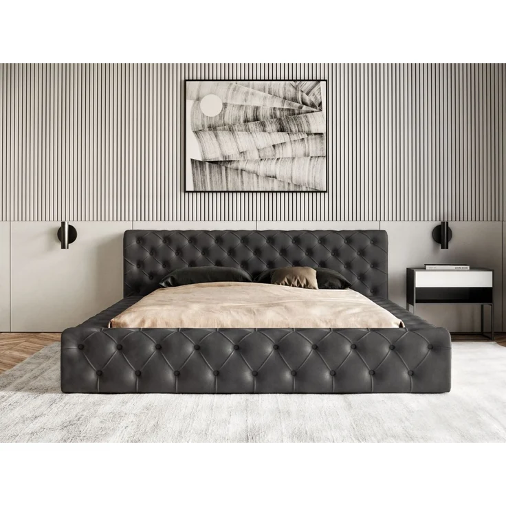 GRAINGOLD Palini Polsterbett 180x200, mit gepolstertes Kopfteil, gestepptes Bett, Bettkasten, Velour-Stoff, Schwarz – Bild 4