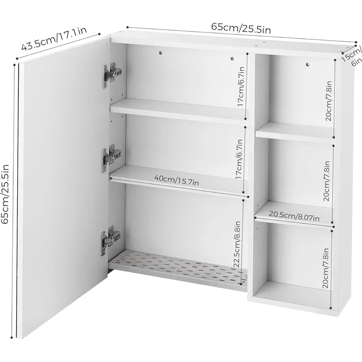 Mondeer Badezimmerschrank mit Spiegel, Spiegelschrank Bad der Wand montiert mit 1 Tür und 1 Tropfschale verstellbaren Ablagen moderner Stil, 65 x 15 x 65 cm, Weiß – Bild 3