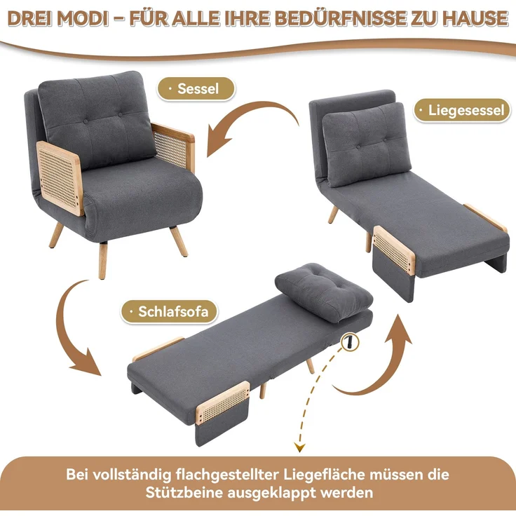 Schlafsessel 67,5x73x86,5 cm in Grau, Leinenstoff, 3-in-1 mit Schlaffunktion und 5-fach verstellbarer Rückenlehne – Bild 9