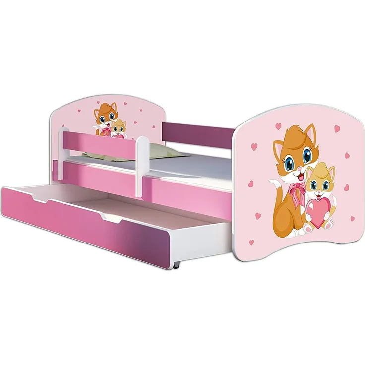 Kinderbett Jugendbett mit einer Schublade und Matratze Rausfallschutz Rosa 70x140 80x160 80x180 ACMA II (33 Miezekatzen, 80x160 cm mit Bettkasten)