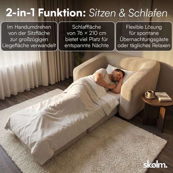 skølm 'Fjäll' Schlafsessel mit 1 Kissen, beige, Teddy-Bouclé Sessel ausklappbar, mit Liegefunktion, vakuumverpackt ohne Aufbau – Bild 5