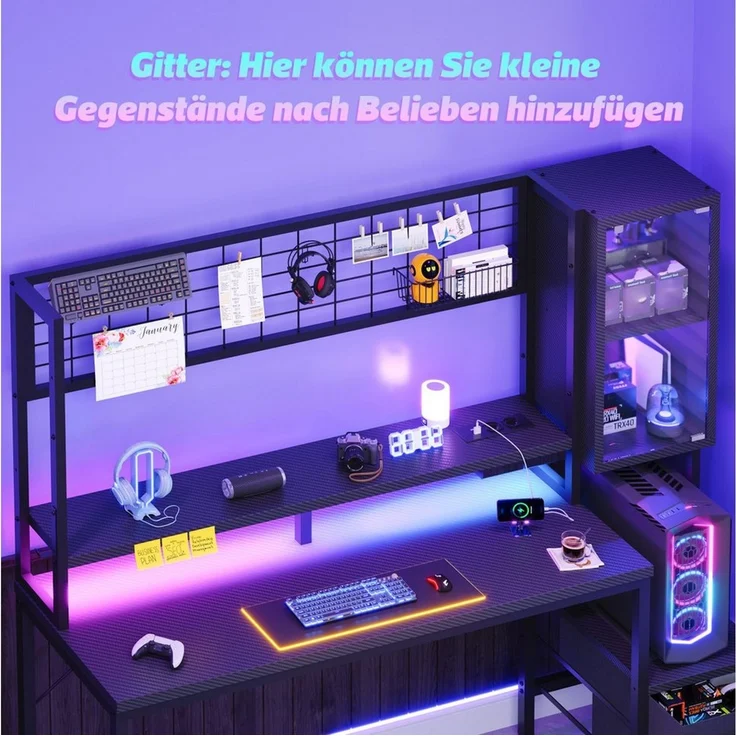 GUNJI Eckschreibtisch 100/120L Form mit Ablagefächern, 2 Tier DIY Lagerregalen Computertisch (mit Monitorstander & Vitrine, mit 2 Schubladen, Ergonomischer Computertisch mit Stromleiste, 120/14ocm Schreibtisch fur Gaming & Homeofice,Schwarz), Schreibti... – Bild 4