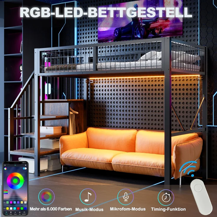 EINHOM Metall-Hochbett 90 x 200 cm, Bettgestell Inklusive Leiter und Stauraum, LED-Beleuchtung, Sicherheitsgeländer aus Metallgitter. Schwarz (Ohne Matratze) – Bild 6